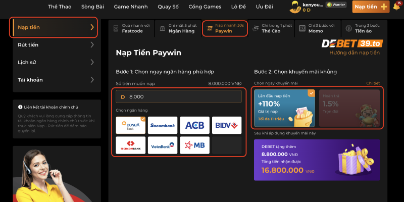 Nạp tiền Debet qua Paywin