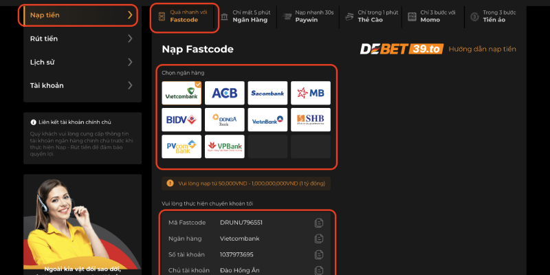 Nạp tiền Debet qua Fastcode